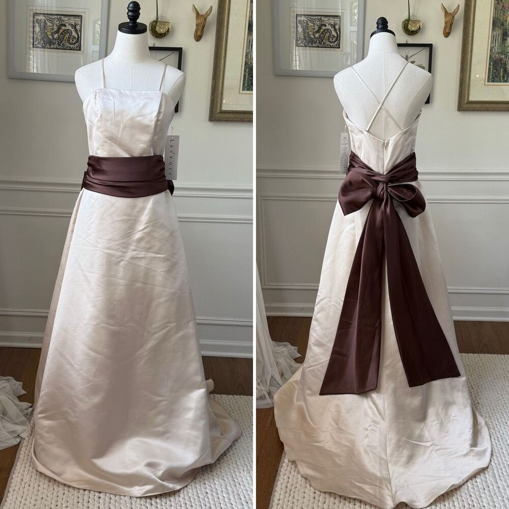 NWT Bill Levkoff Removable Strap Champagne Beige Sable Satin Sash Formal Dress G
